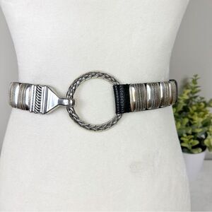 Chicos Genuine Leather Adjustable Belt Silver Buckle Black